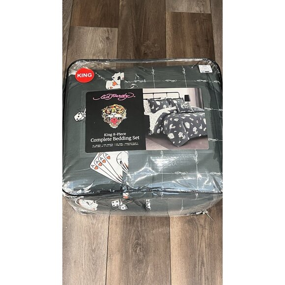 New Ed Hardy King 8Pc Complete Bedding Set Comforter Sheet Pillowcase Black - Picture 1 of 12